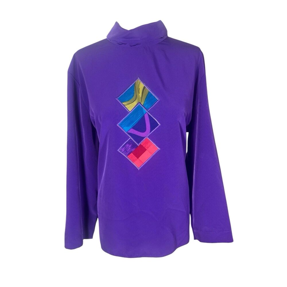 Vintage Jo Hardin 90s Harlequin Diamond Appliqué Purple Mock Neck Blouse Sz 14